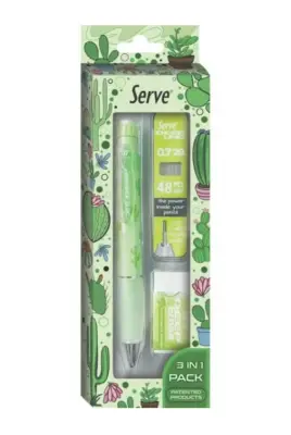 Serve Deep Doğa Desenli Kaktüs Figürlü Yeşil Uçlu Kalem + Uç + Silgi 0.7mm 3 Lü Set - 3