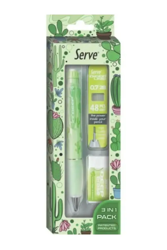 Serve Deep Doğa Desenli Kaktüs Figürlü Yeşil Uçlu Kalem + Uç + Silgi 0.7mm 3 Lü Set - 3