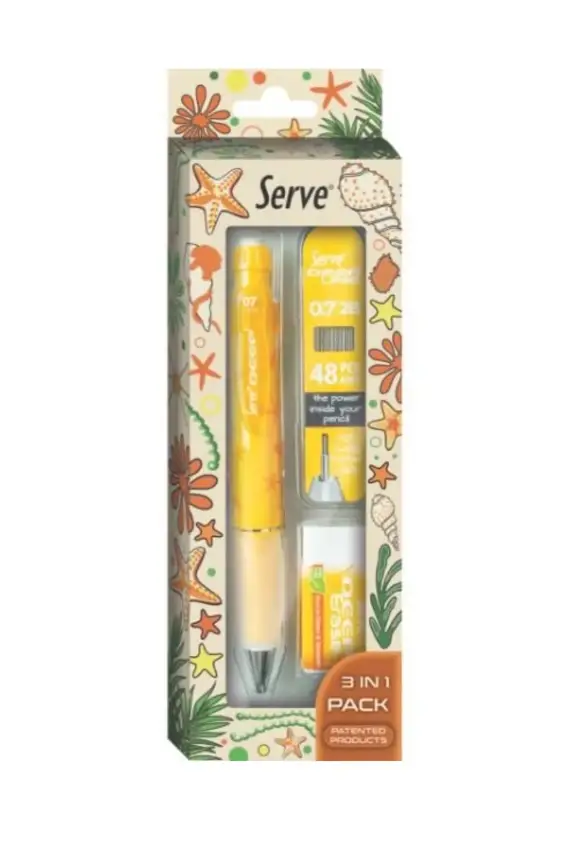 Serve Deep Doğa Desenli Okyanus Figürlü Turuncu Uçlu Kalem + Uç + Silgi 0.7mm 3 Lü Set - 3