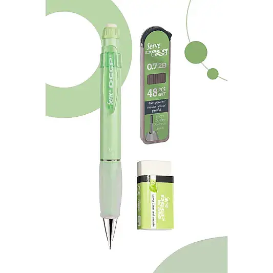 Serve Deep Elma Yeşili Okul Seti Uçlu Kalem + Uç + Silgi 0.7 mm 3 Lü Set - 2