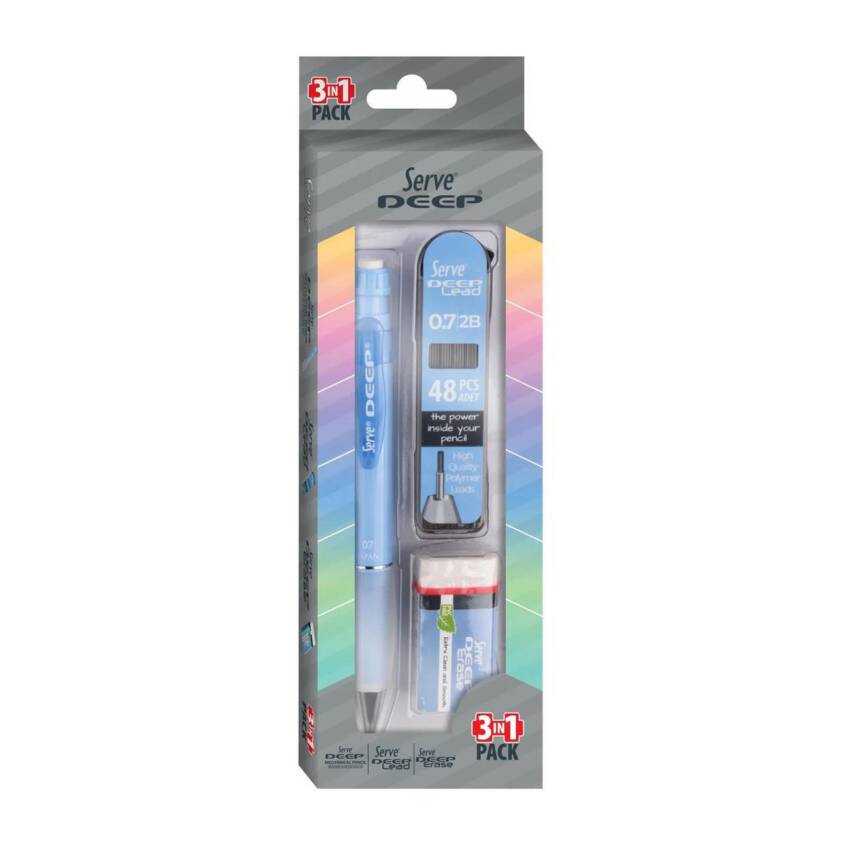 Serve Deep Mavi Okul Seti Uçlu Kalem + Uç + Silgi 0.7mm 3 Lü Set - 3
