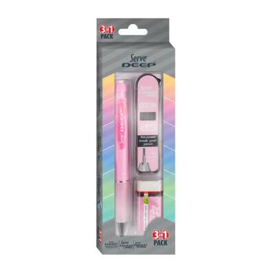 Serve Deep Pembe Okul Seti Uçlu Kalem + Uç + Silgi 0.7mm 3 Lü Set - 3