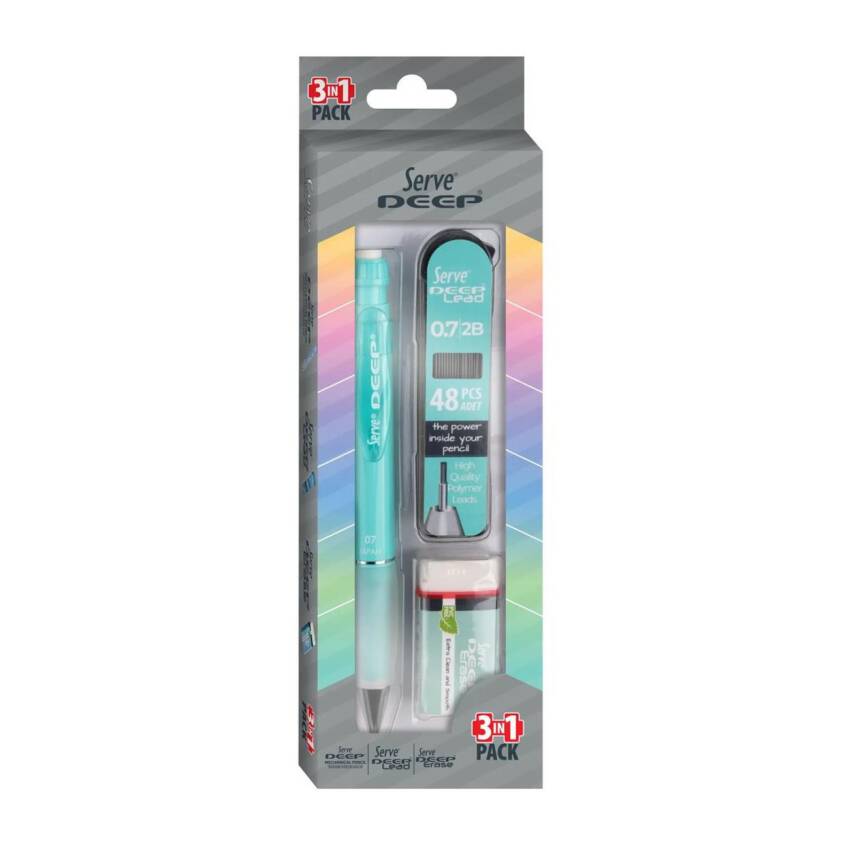 Serve Deep Su Yeşili Okul Seti Uçlu Kalem + Uç + Silgi 0.7mm 3 Lü Set - 3