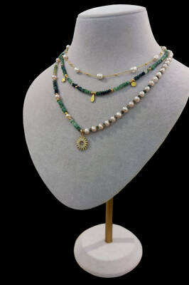 Sevgililer Gününe Özel İnci - Zümrüt Doğal Taş 925 Ayar Gümüş Kolye Seti 3'lü Kolye - 2