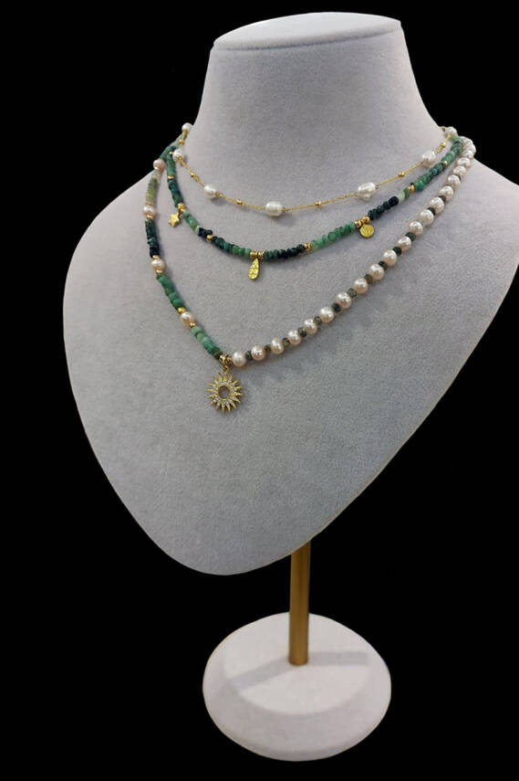 Sevgililer Gününe Özel İnci - Zümrüt Doğal Taş 925 Ayar Gümüş Kolye Seti 3'lü Kolye - 2