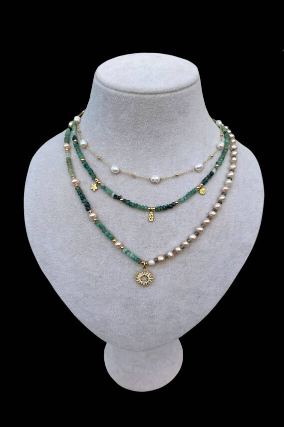 Sevgililer Gününe Özel İnci - Zümrüt Doğal Taş 925 Ayar Gümüş Kolye Seti 3'lü Kolye - 3