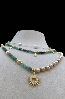 Sevgililer Gününe Özel İnci - Zümrüt Doğal Taş 925 Ayar Gümüş Kolye Seti 3'lü Kolye - 4