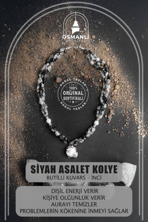 Siyah Asalet, Rutilli Kuvars İnci Doğal Taş Kolye - 1