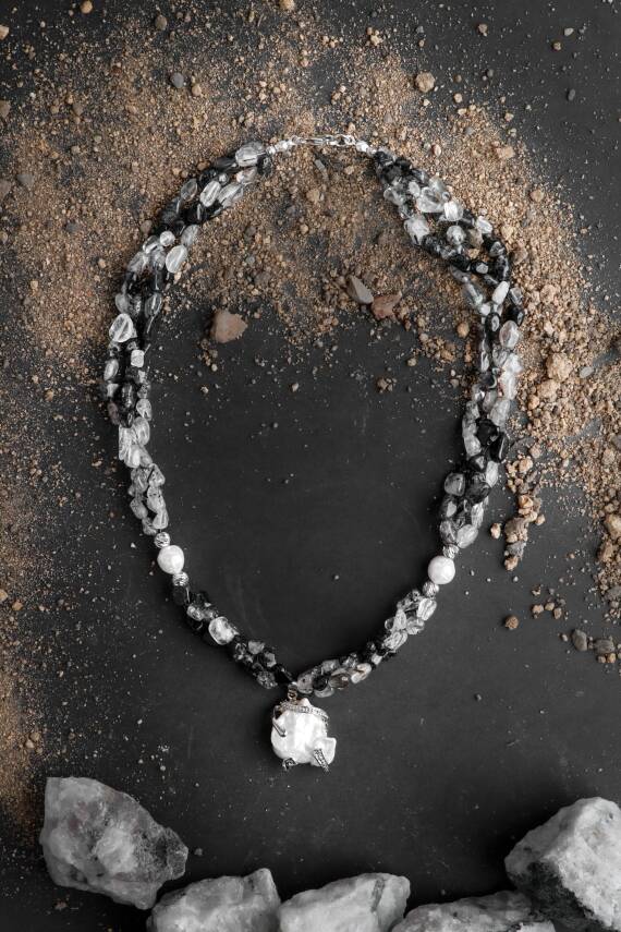 Siyah Asalet, Rutilli Kuvars İnci Doğal Taş Kolye - 2