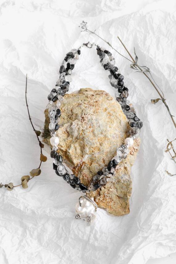 Siyah Asalet, Rutilli Kuvars İnci Doğal Taş Kolye - 3