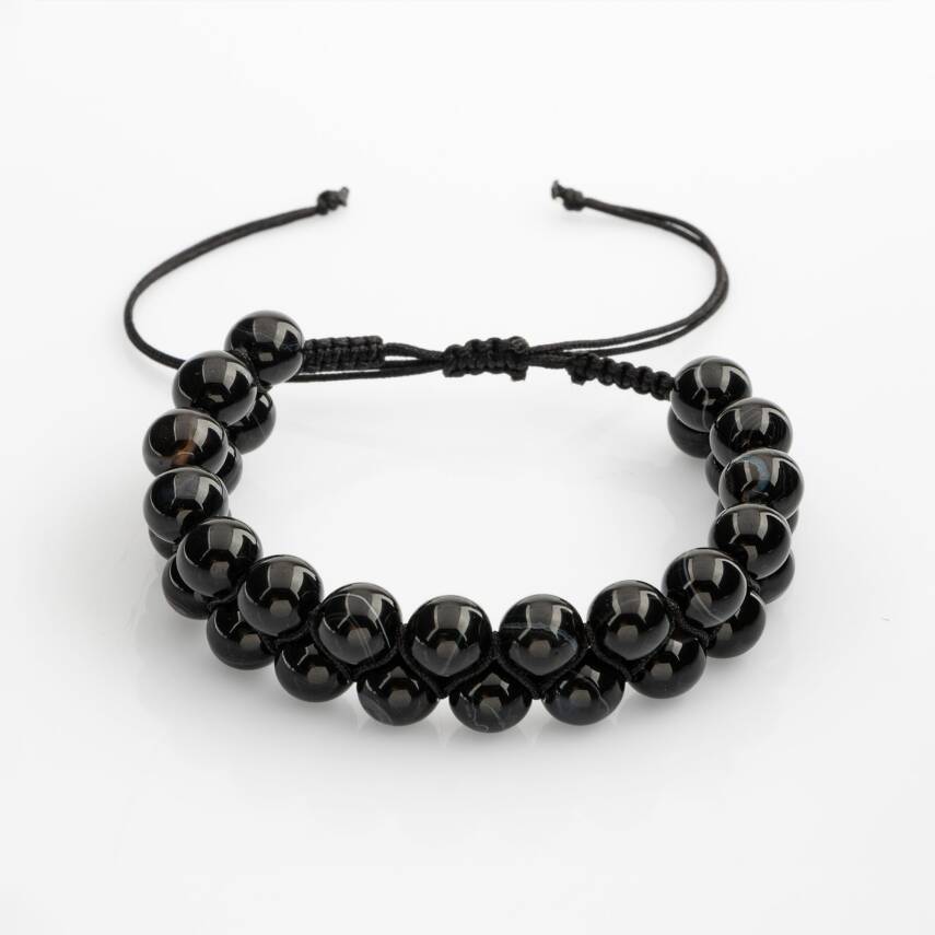 Siyah Göz Akik 8mm Çift Sıra Makrome Doğal Taş Bileklik - 1
