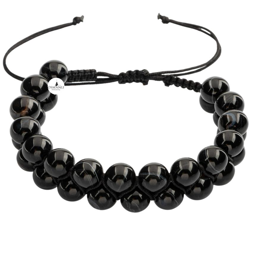 Siyah Göz Akik 8mm Çift Sıra Makrome Doğal Taş Bileklik - 2