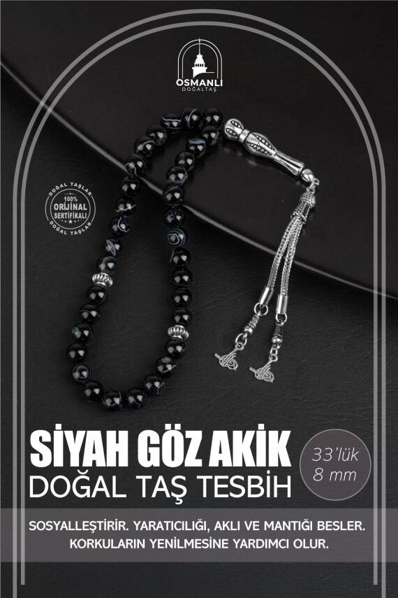 Siyah Göz Akik Doğal Taş Tesbih 33lük - 8mm - 2
