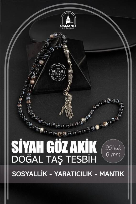 Siyah Göz Akik Doğal Taş Tesbih 99luk - 6mm - 2