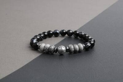 Siyah Göz Akik-Gri Lav-Gri Jasper-Hematit Doğal Taş Bileklik - 2