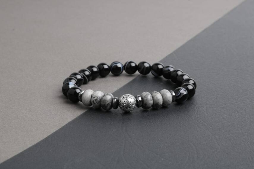 Siyah Göz Akik-Gri Lav-Gri Jasper-Hematit Doğal Taş Bileklik - 2