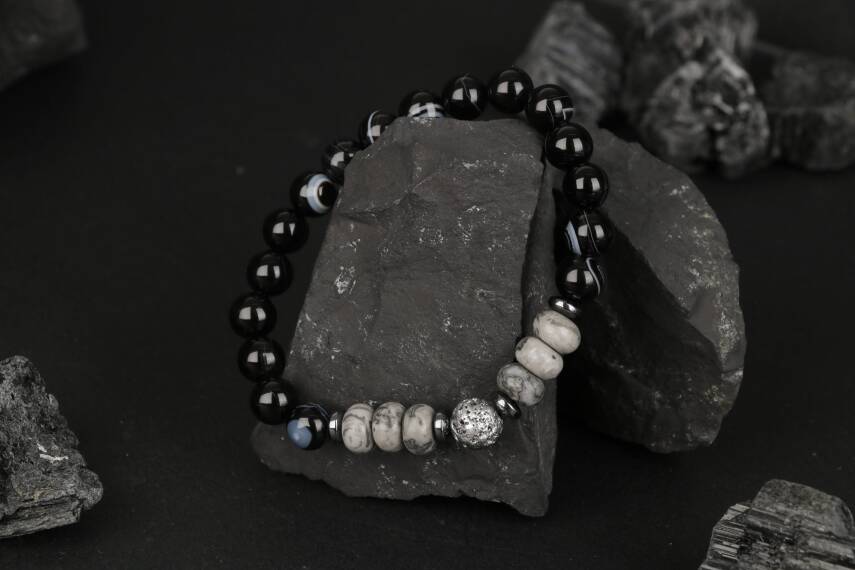 Siyah Göz Akik-Gri Lav-Gri Jasper-Hematit Doğal Taş Bileklik - 3