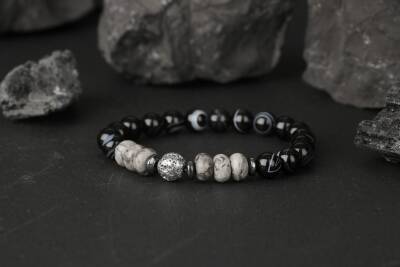 Siyah Göz Akik-Gri Lav-Gri Jasper-Hematit Doğal Taş Bileklik - 4
