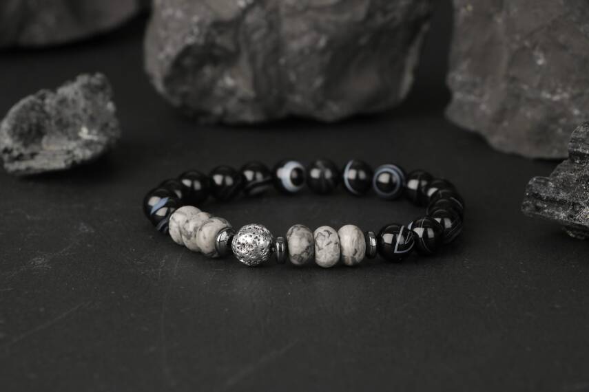Siyah Göz Akik-Gri Lav-Gri Jasper-Hematit Doğal Taş Bileklik - 4