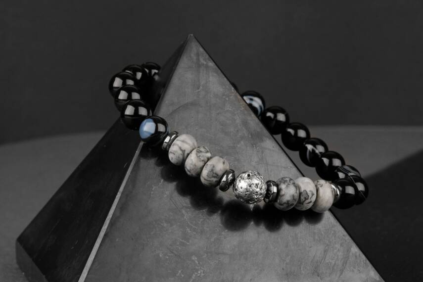 Siyah Göz Akik-Gri Lav-Gri Jasper-Hematit Doğal Taş Bileklik - 5