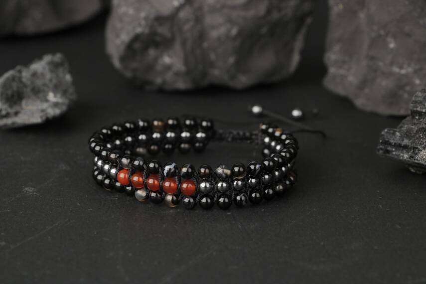 Siyah Göz Akik-Kırmızı Akik-Hematit Doğal Taş Bileklik - 3