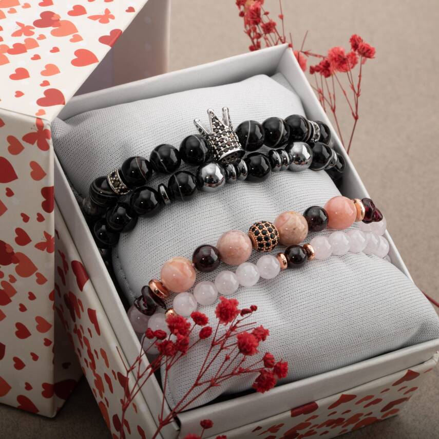 Siyah Göz Akik-Pembe Kuvars Doğal Taş Çift Bileklik Seti - 1