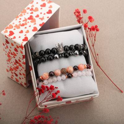 Siyah Göz Akik-Pembe Kuvars Doğal Taş Çift Bileklik Seti - 2