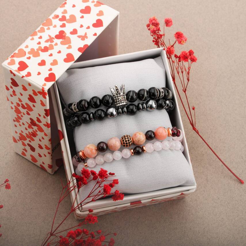 Siyah Göz Akik-Pembe Kuvars Doğal Taş Çift Bileklik Seti - 2