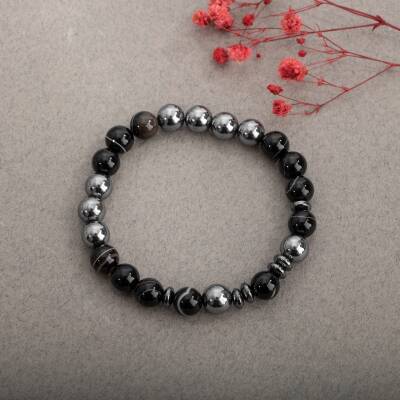 Siyah Göz Akik-Pembe Kuvars Doğal Taş Çift Bileklik Seti - 3