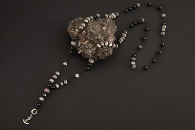 Siyah Turmalin-Gri Jasper Doğal Taş Erkek Çapa Modelli Kolye - 2