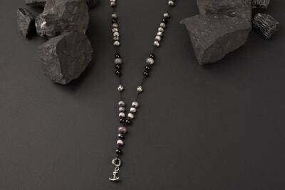 Siyah Turmalin-Gri Jasper Doğal Taş Erkek Çapa Modelli Kolye - 3