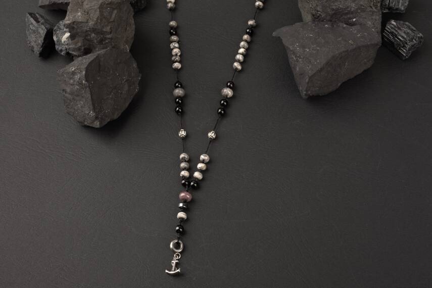 Siyah Turmalin-Gri Jasper Doğal Taş Erkek Çapa Modelli Kolye - 3