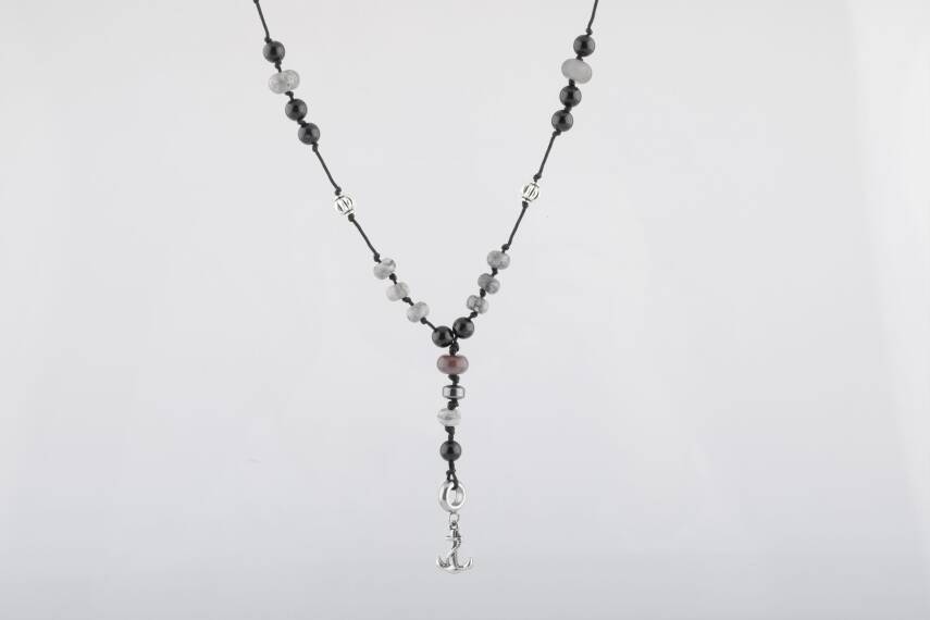 Siyah Turmalin-Gri Jasper Doğal Taş Erkek Çapa Modelli Kolye - 4