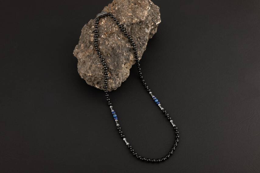 Siyah Turmalin-Lapis Lazuli-Hematit Doğal Taş Erkek Kolye - 3