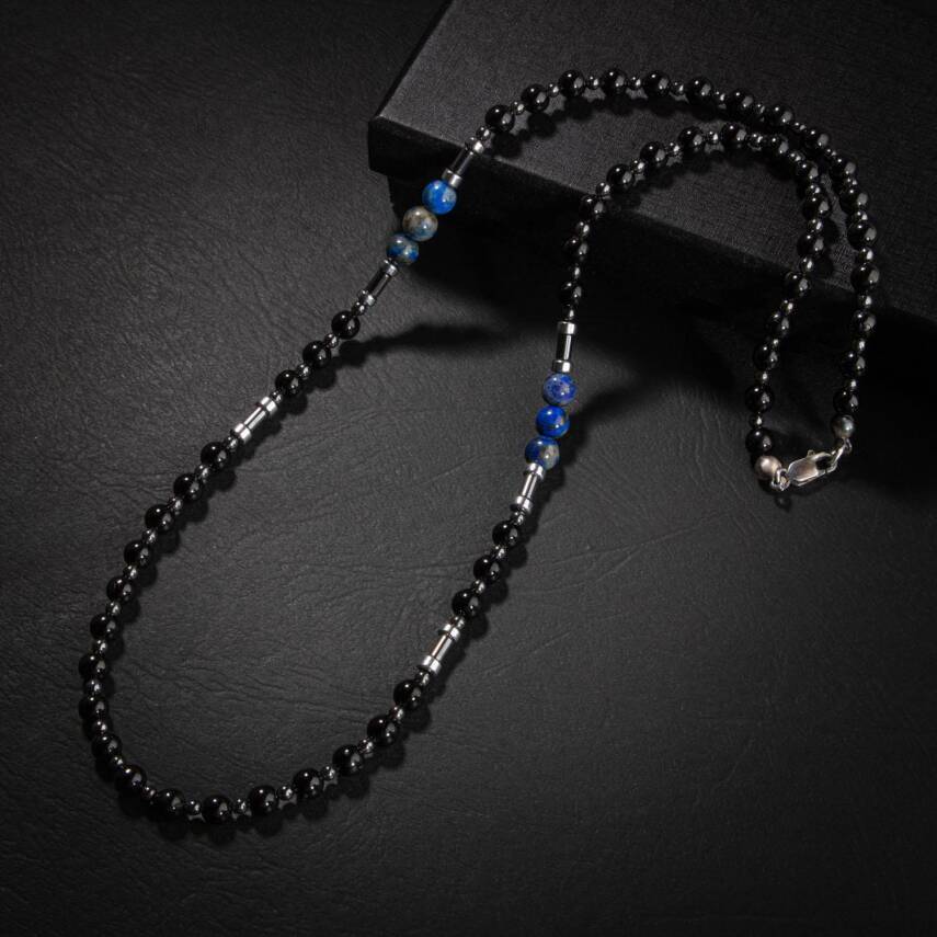 Siyah Turmalin-Lapis Lazuli-Hematit Doğal Taş Erkek Kolye - 4