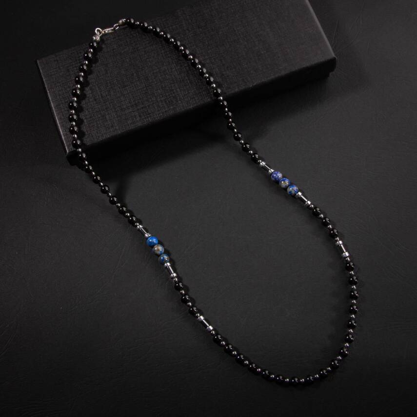 Siyah Turmalin-Lapis Lazuli-Hematit Doğal Taş Erkek Kolye - 5