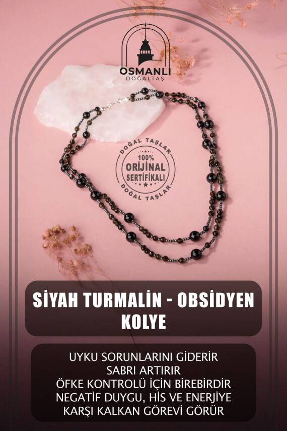 Siyah Turmalin-Obsidyen Doğal Taş Gümüş Kolye - 1