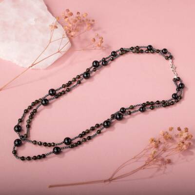 Siyah Turmalin-Obsidyen Doğal Taş Gümüş Kolye - 2