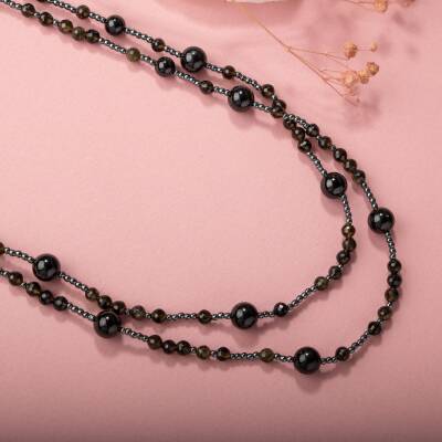 Siyah Turmalin-Obsidyen Doğal Taş Gümüş Kolye - 3