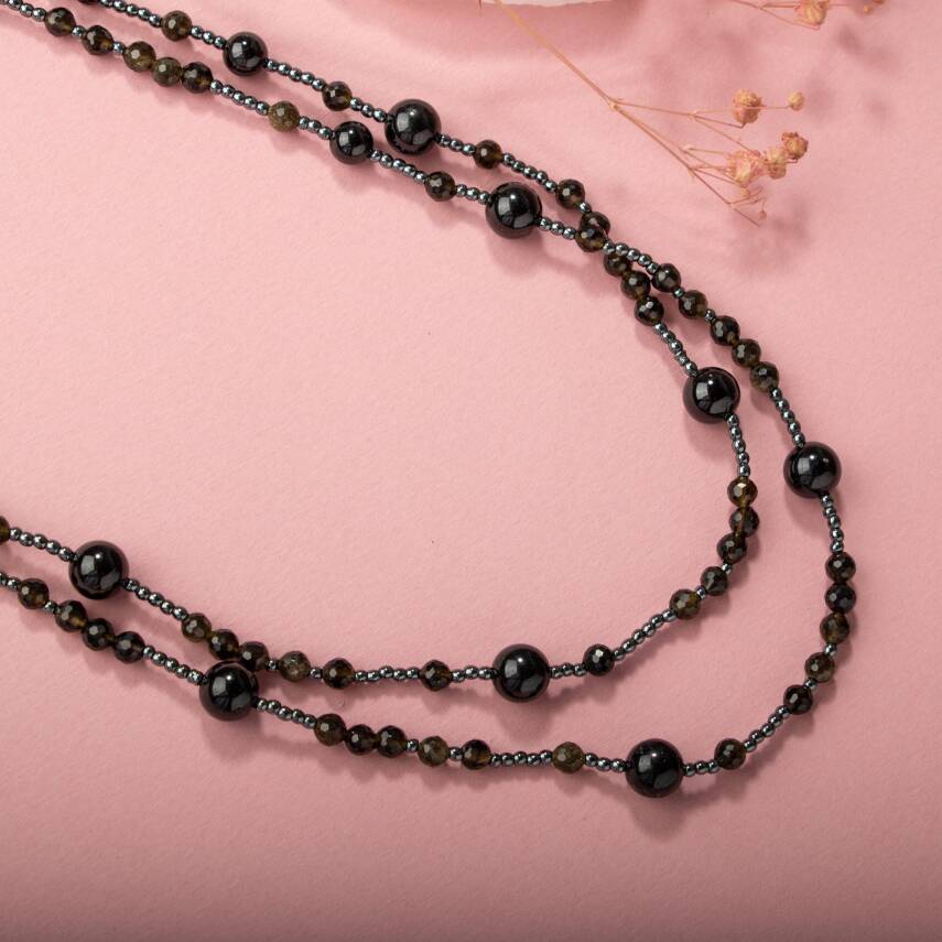 Siyah Turmalin-Obsidyen Doğal Taş Gümüş Kolye - 3