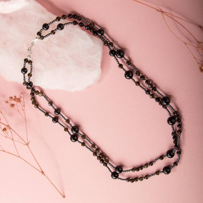 Siyah Turmalin-Obsidyen Doğal Taş Gümüş Kolye - 4