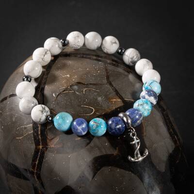 Sodalit-Buz Mavi Apatit-Havlit-Hematit Doğal Taş Erkek Bileklik - Osmanlı Doğaltaş