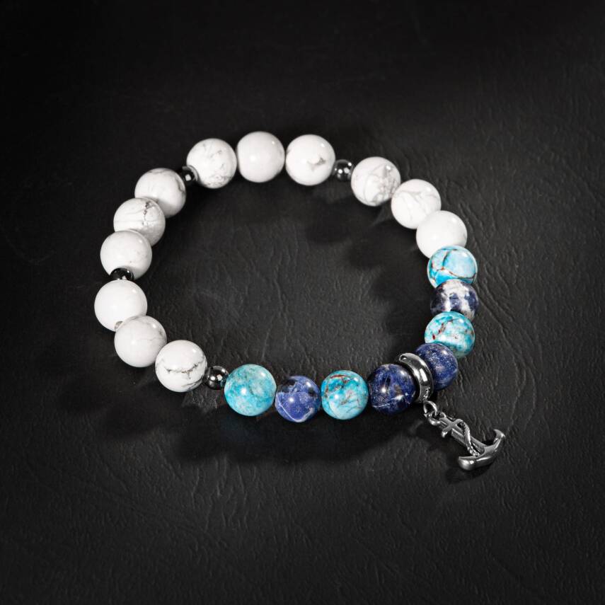 Sodalit-Buz Mavi Apatit-Havlit-Hematit Doğal Taş Erkek Bileklik - 5