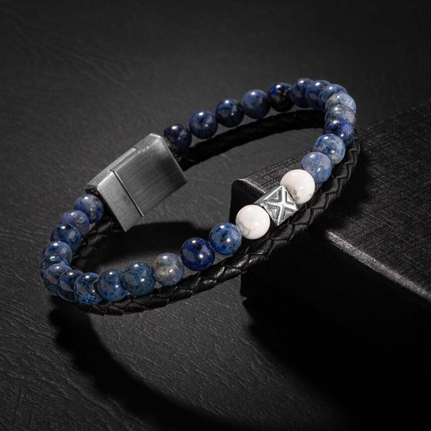 Sodalit-Havlit Doğal Taş Deri Gümüş Erkek Tasarım Bileklik - 1
