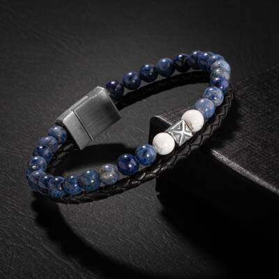 Sodalit-Havlit Doğal Taş Deri Gümüş Erkek Tasarım Bileklik - 2