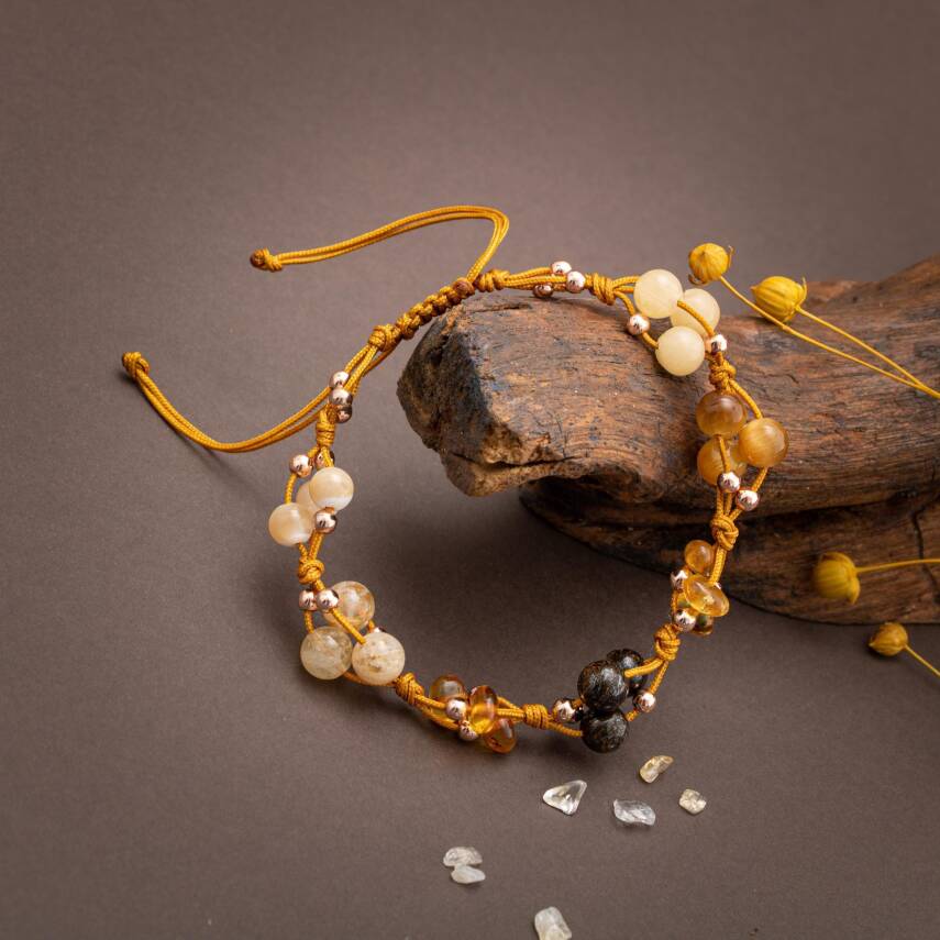 Solar Plexus Çakra Doğal Taş Bileklik - Kaplan Gözü-Bronzit-Kehribar-Aragonit-Kalsit-Sitrin - 4