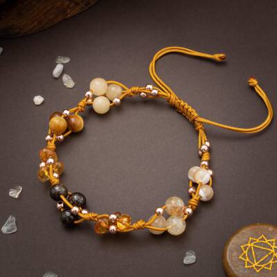 Solar Plexus Çakra Doğal Taş Bileklik - Kaplan Gözü-Bronzit-Kehribar-Aragonit-Kalsit-Sitrin - 5