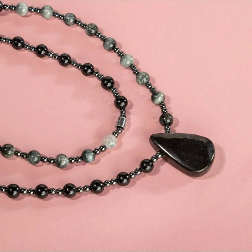 Şungit-Kedi Gözü-Hematit Doğal Taş Kolye - 7