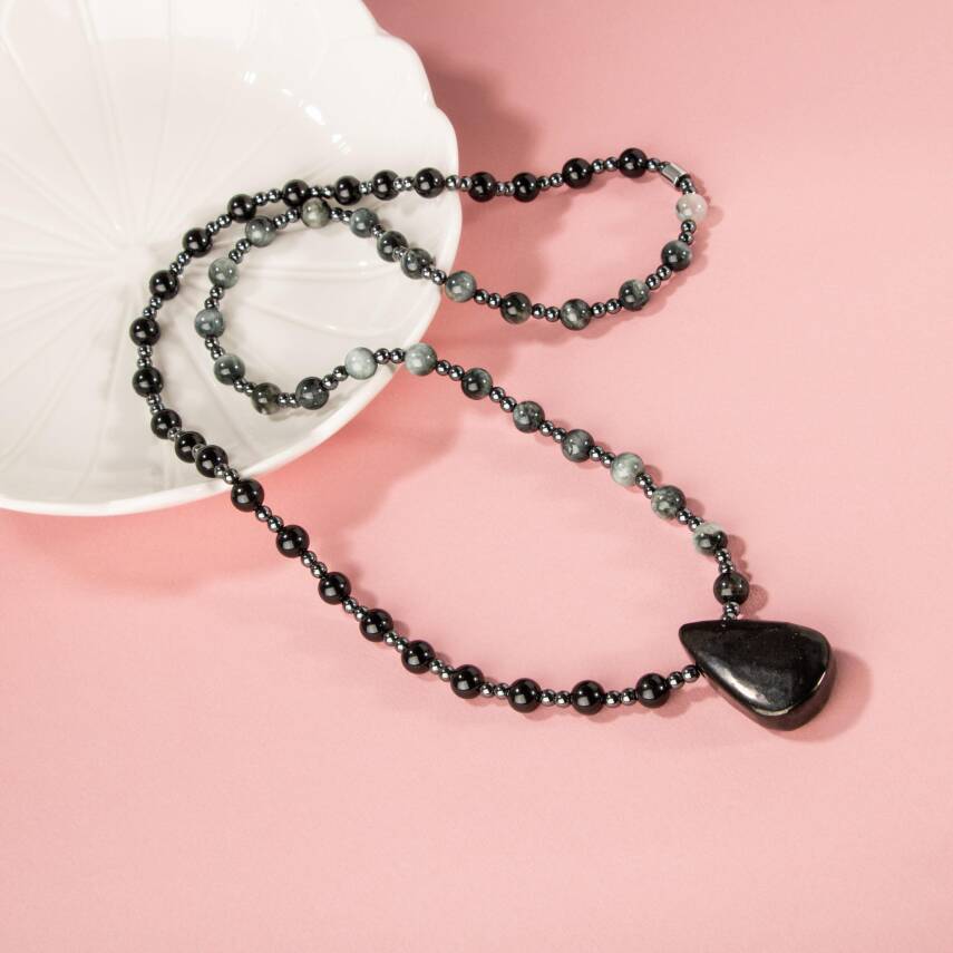 Şungit-Kedi Gözü-Hematit Doğal Taş Kolye - 3