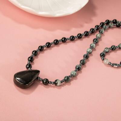 Şungit-Kedi Gözü-Hematit Doğal Taş Kolye - 5